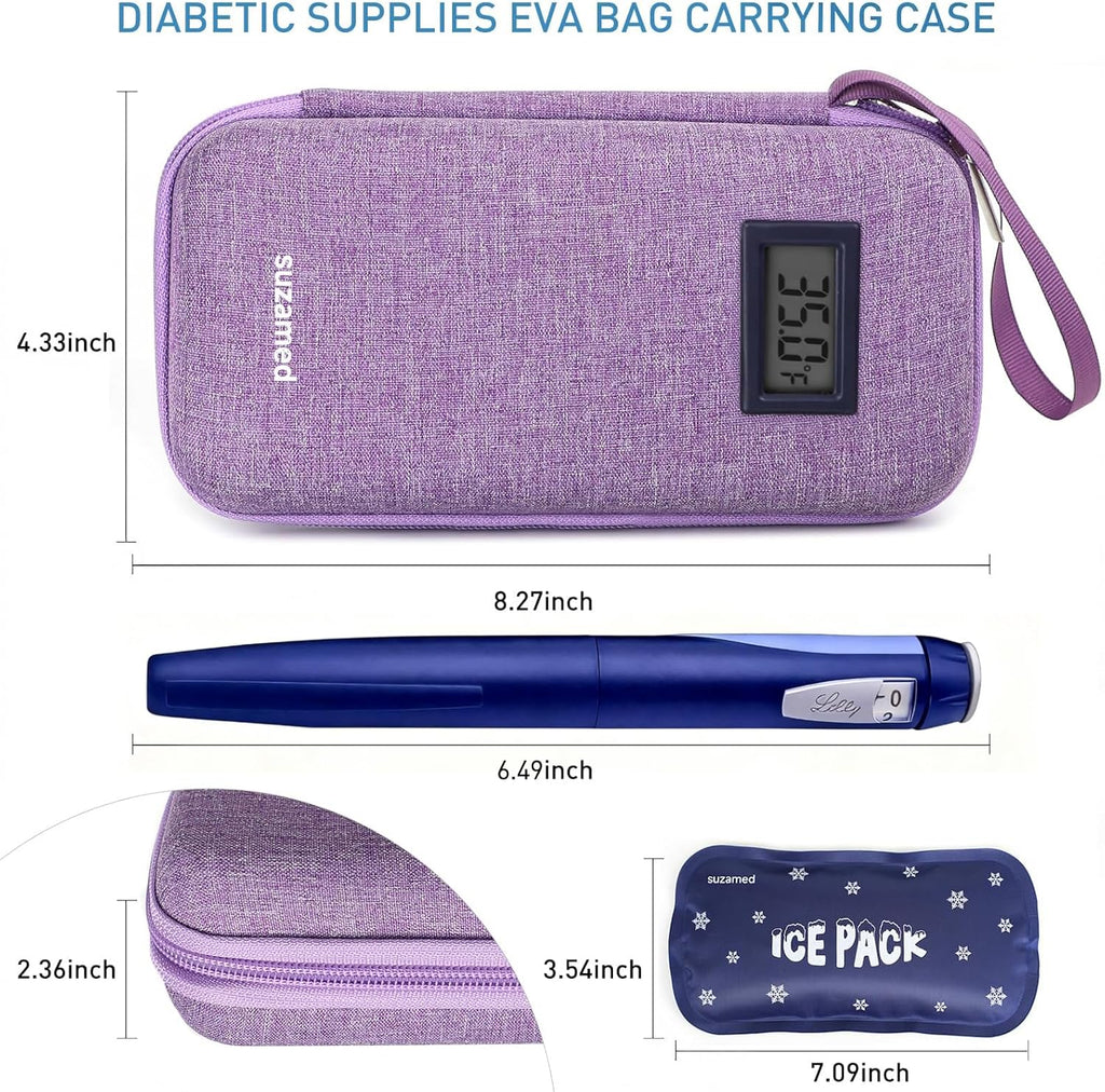 Insulin Cooler Travel Case,EVA Insulation Travel Medicine Kit with Temperature Display for Diabetes Care,Insulin Pen and Other Diabetic Supplies (Purple-Temp)