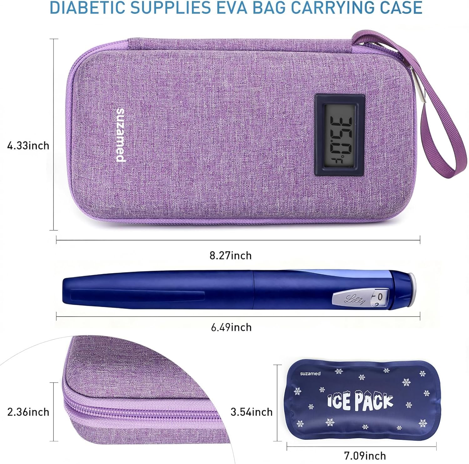 Insulin Cooler Travel Case,EVA Insulation Travel Medicine Kit with Temperature Display for Diabetes Care,Insulin Pen and Other Diabetic Supplies (Purple-Temp)