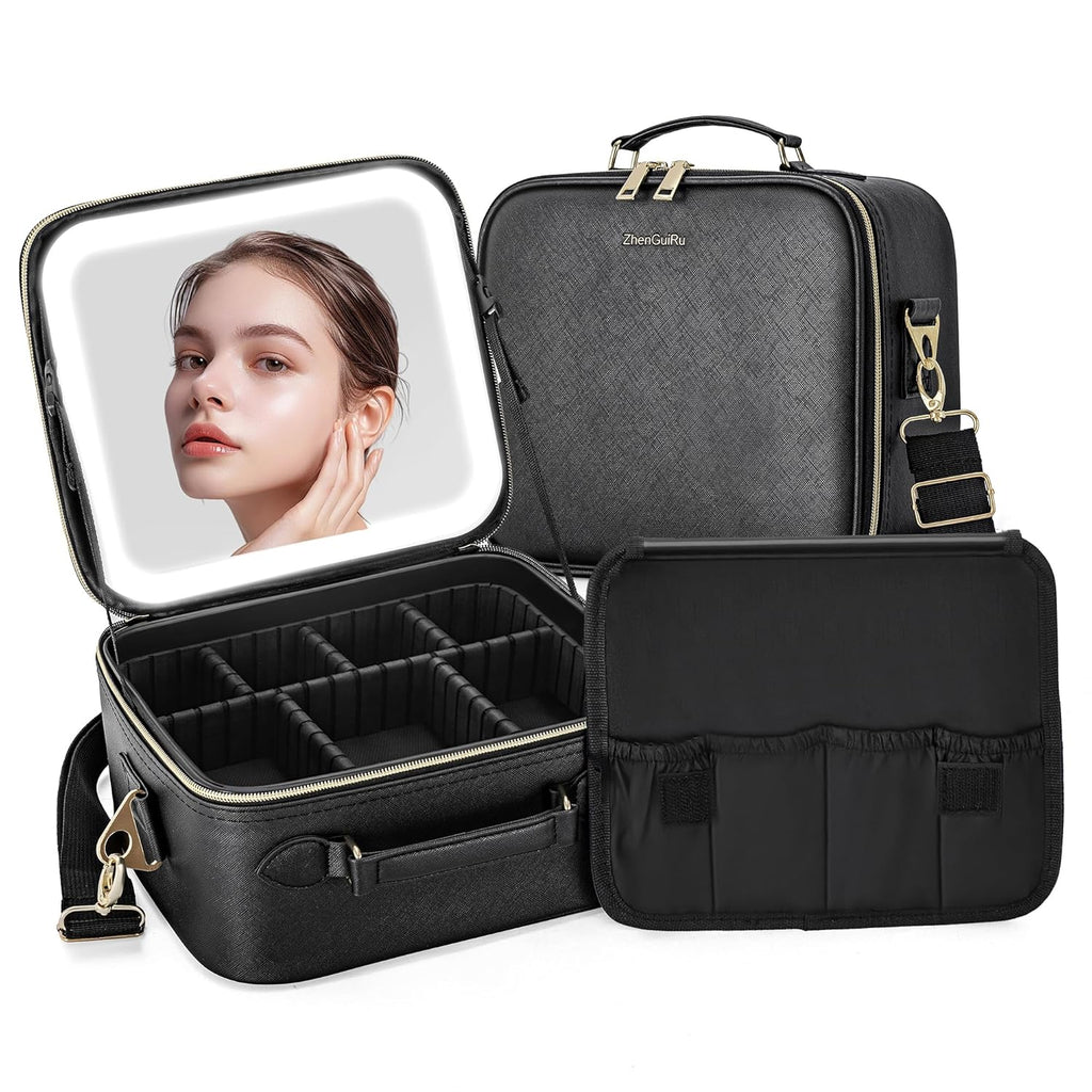 Travel Makeup Bag with LED Mirror, Portable Cosmetic Case Organizer with Lighted Mirror, Waterproof Makeup Case for Cosmetic Brush Holder Storage, Black Toiletry Bag for Women Gift
