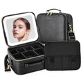 Travel Makeup Bag with LED Mirror, Portable Cosmetic Case Organizer with Lighted Mirror, Waterproof Makeup Case for Cosmetic Brush Holder Storage, Black Toiletry Bag for Women Gift