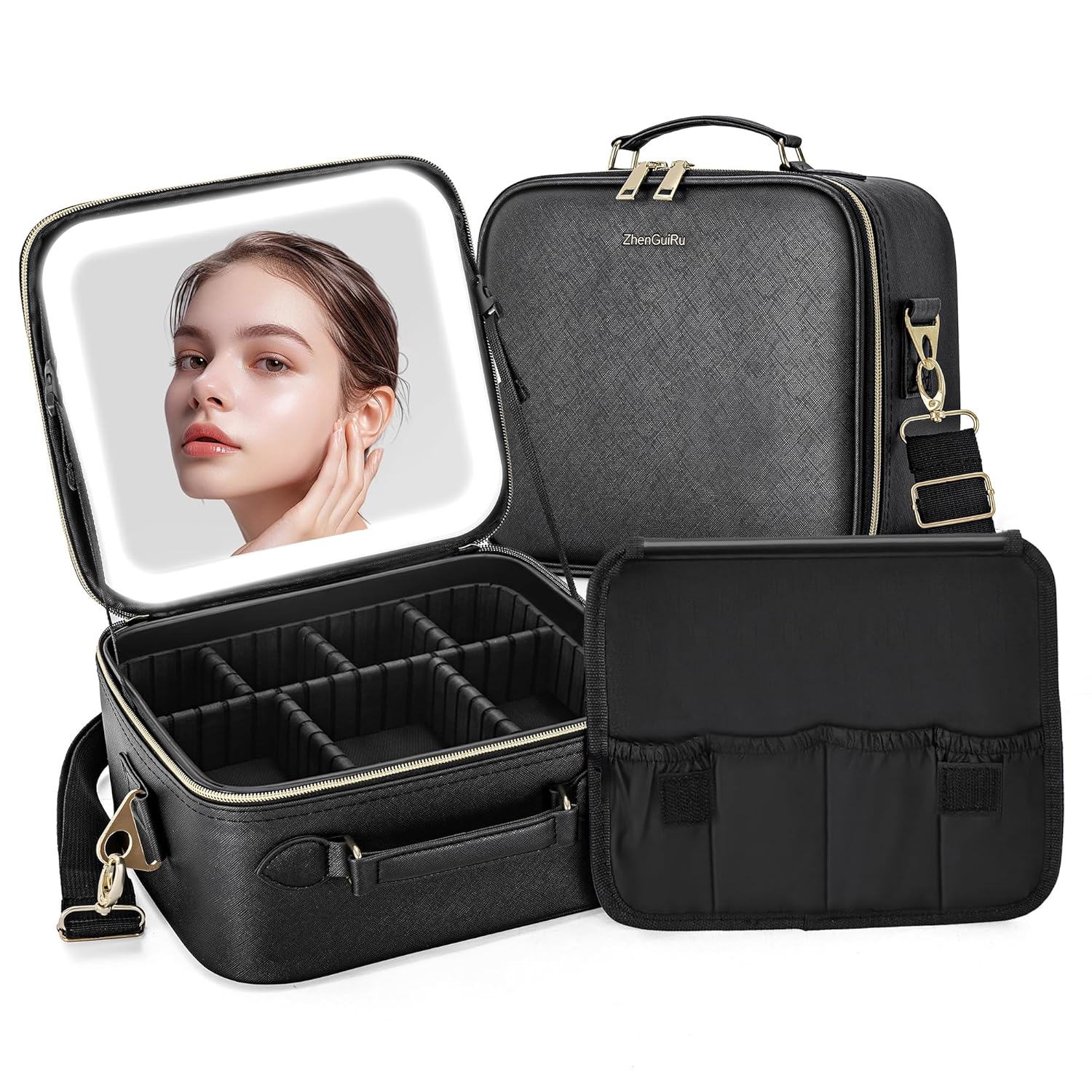Travel Makeup Bag with LED Mirror, Portable Cosmetic Case Organizer with Lighted Mirror, Waterproof Makeup Case for Cosmetic Brush Holder Storage, Black Toiletry Bag for Women Gift
