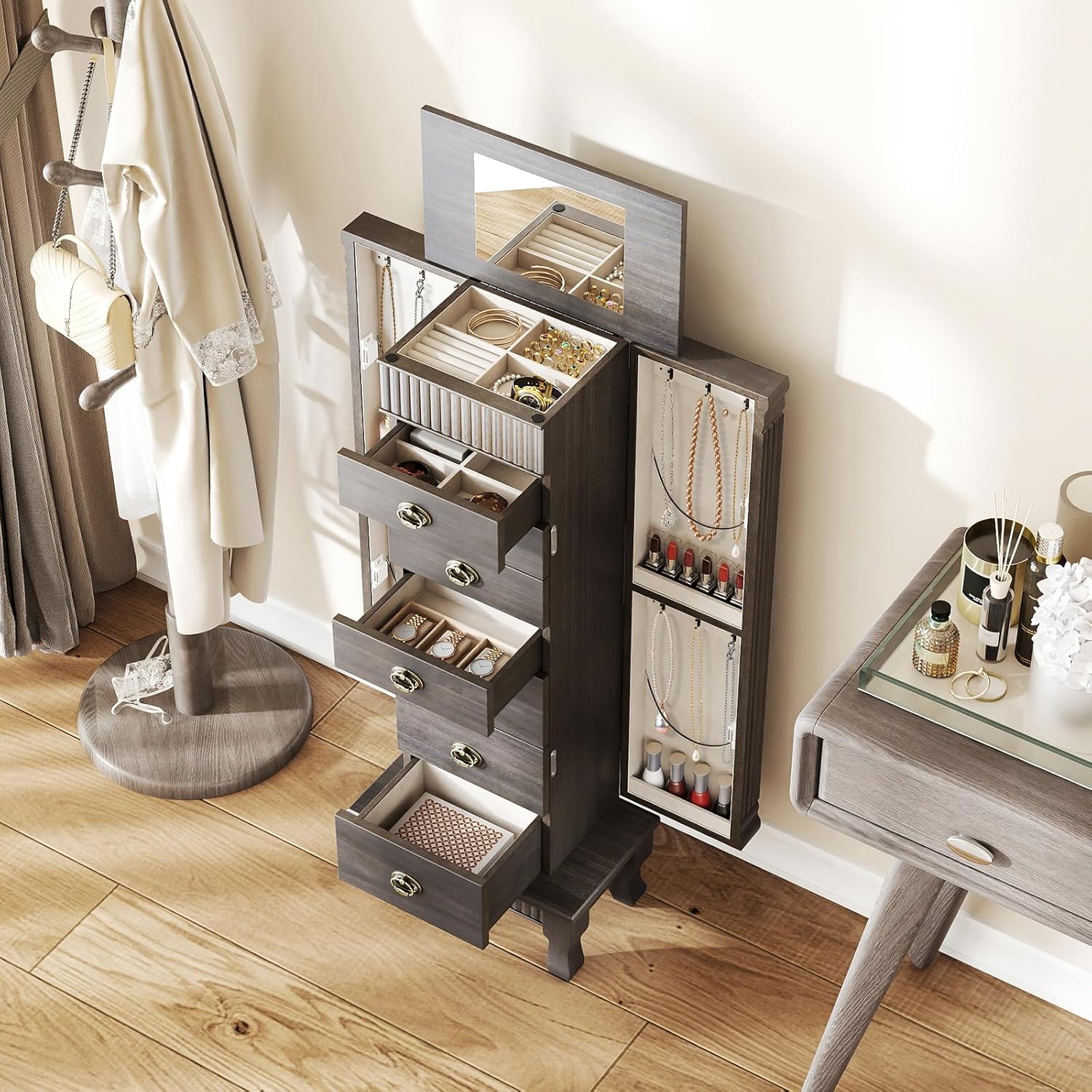 Giantex Standing Jewelry Cabinet with 7 Drawers, Flip-Top Mirror, 2 Side Doors with 12 Necklace Hooks, Divided Ring Compartments, Velvet-Lined Jewelry Armoire Organizer Chest (Weathered Gray)