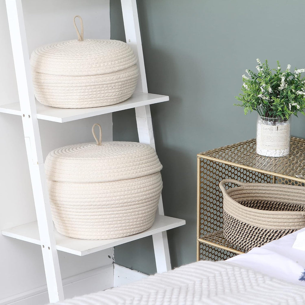 Sea Team Round Cotton Rope Storage Basket with Lid, Decorative Woven Storage Bin, Pot, Caddy, Organizer, Container for Snacks, Towels, Plants, 13 x 5.5 Inches (Large, Shallow, Cream)