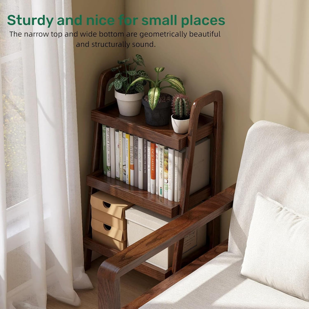 100% Solid Oak 3 Tier Ladder Shelf for Saving Space, Tall Nightstand with Stable Frame for Bedroom, Small Side Table for Living Room Office(Walnut, 13.4" L x 25.6" W x 36.2" H)