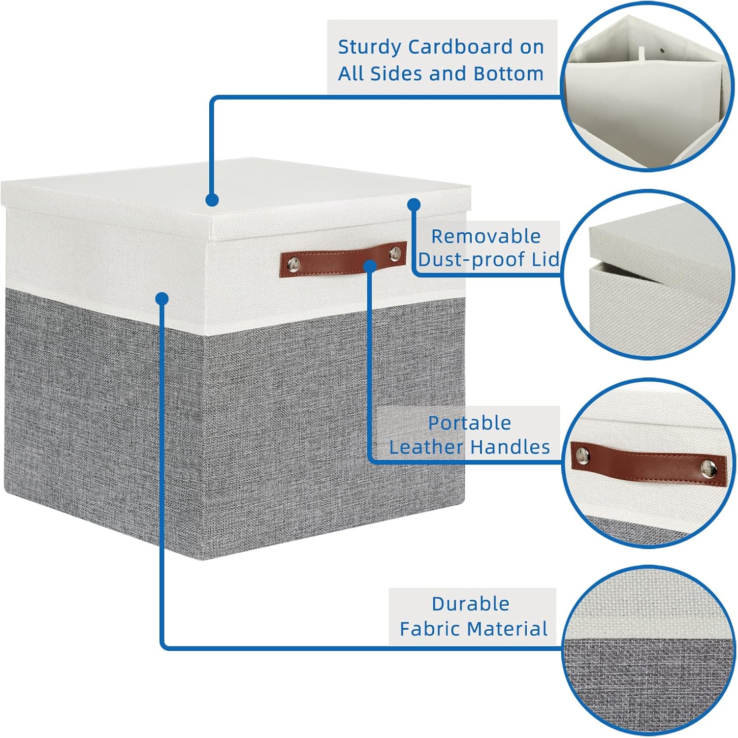 Temary Cube Storage Bins with Lids for Organizing Clothes, [2-Pack] Foldable Storage Boxes with Handles, Closet Storage Baskets for Living Room (White&Gray, 13x13x13inch)