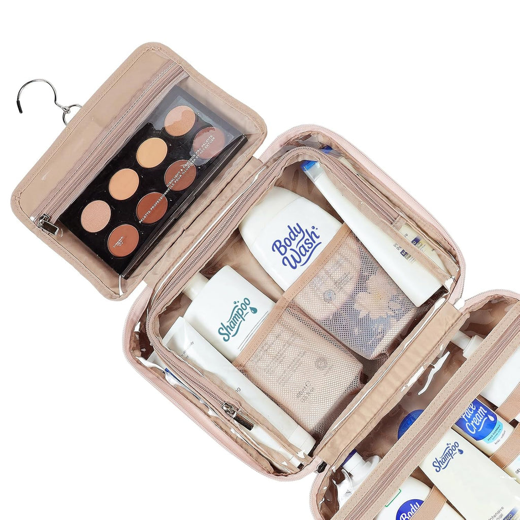 NISHEL Travel Toiletry Bag for Women, Makeup Essentials Organizer, Hanging Case for Accessories, Cosmetics, Large Size, Pink