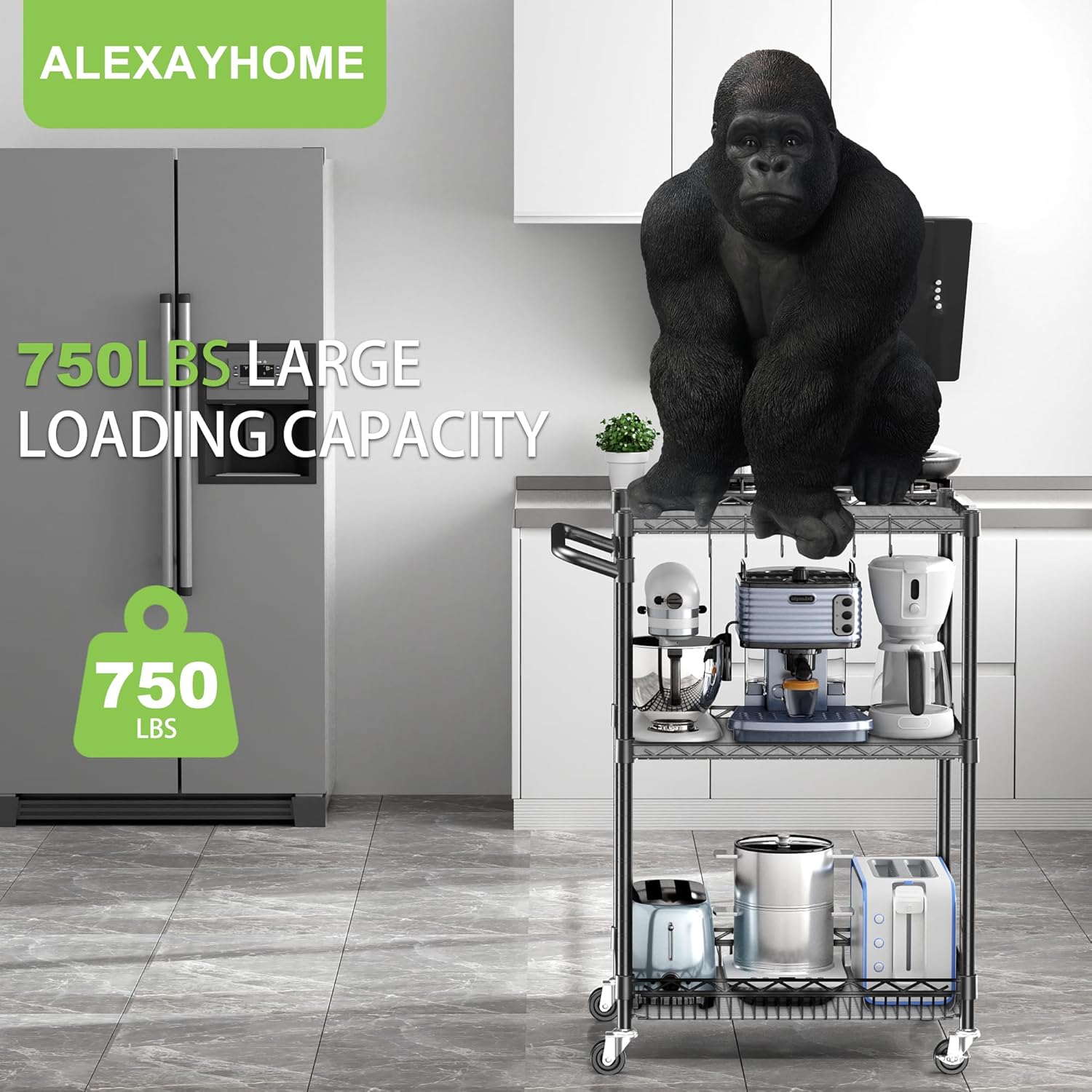 Rolling Utility Storage Carts with Wheels 3 Tier Heavy Duty Metal Cart 750Lbs Capacity Adjustable Kitchen Organizer Cart with Handle & Shelf Liner Commercial Grade Trolley for Indoor & Outdoor Use