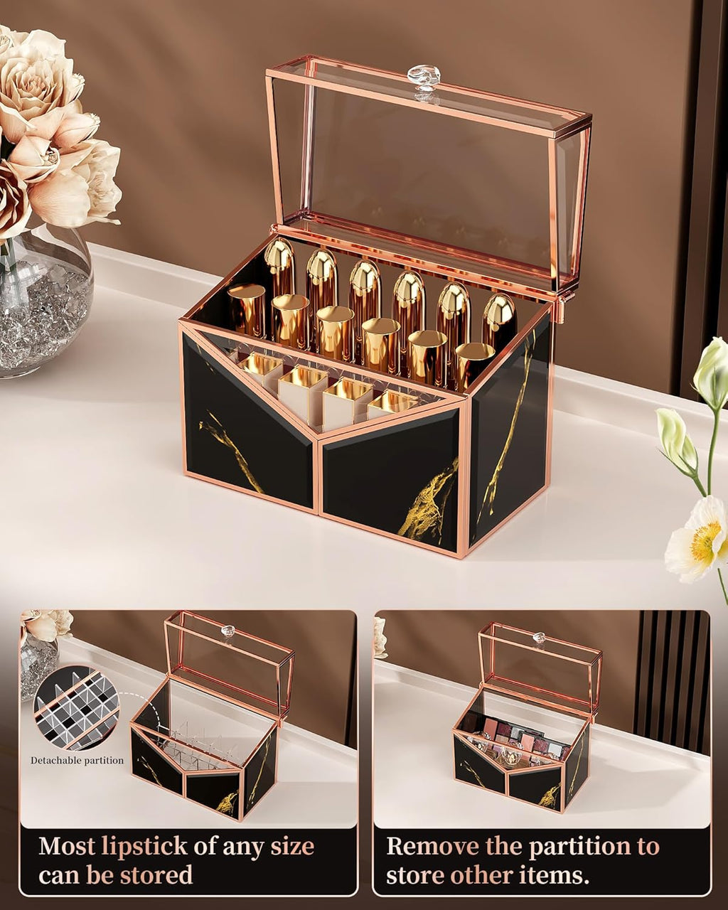 Lipstick Organizer - Black Glass Lipstick Holder & Nail Polish Organizer, 18-Slot Vanity Cosmetic Organizer with Removable Dividers,
