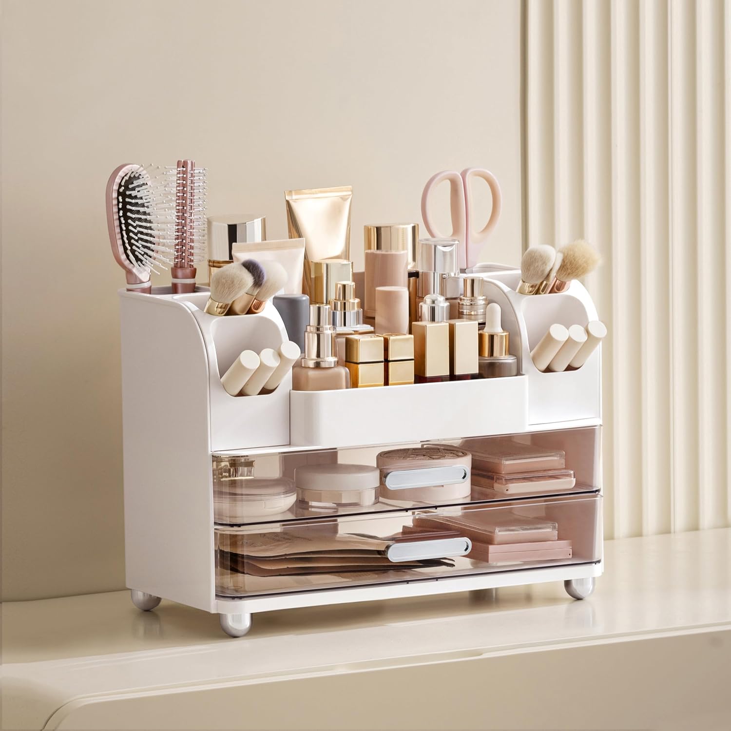 HBlife Makeup Organizer for Vanity with Brush Holder, Large Bathroom Countertop Cosmetic Organizer Skin Care Storage, Easy to Store Lipsticks, Nail Polishes, Perfumes, Eyeshadow Palettes, White