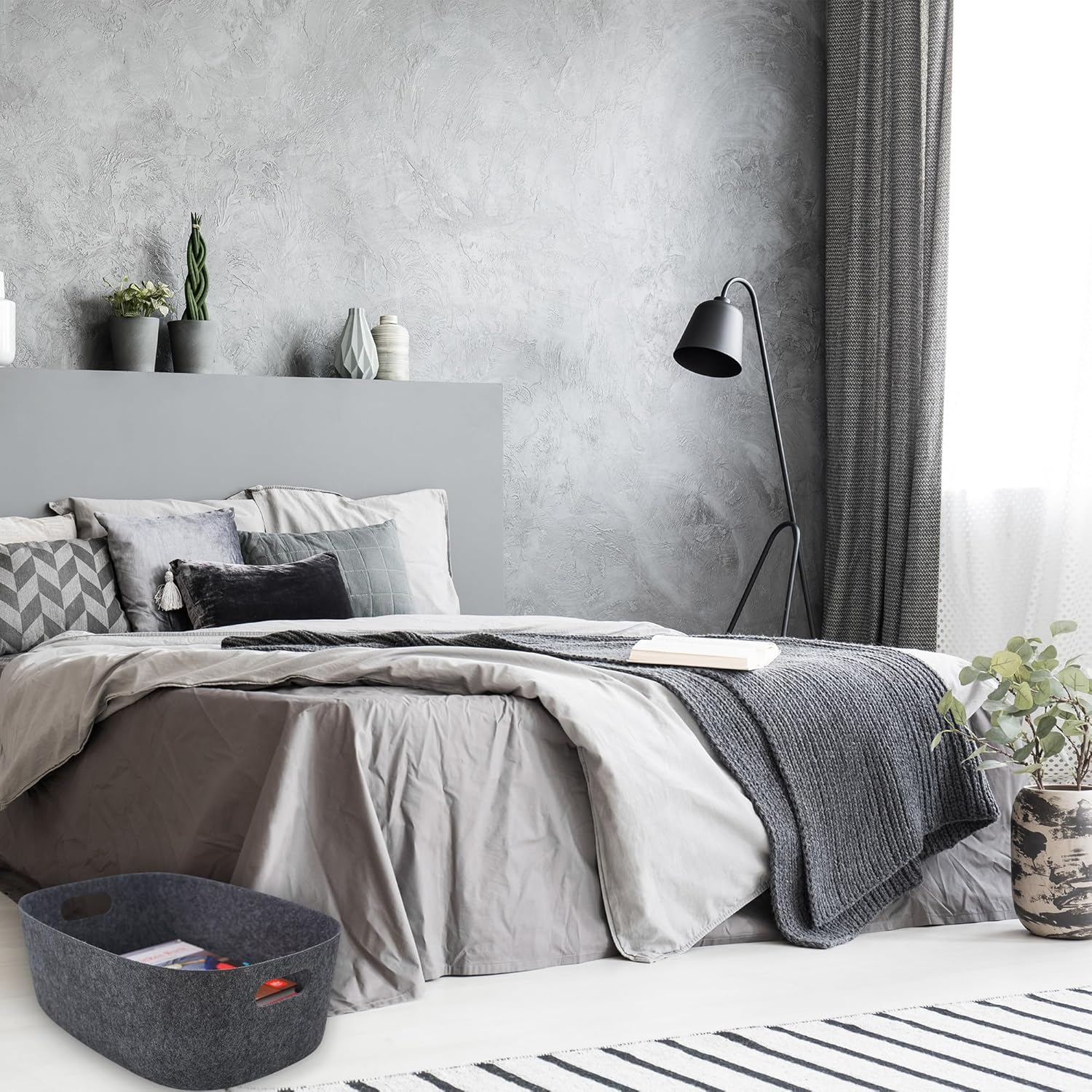 Welaxy Large Storage Basket Felt Open Desk Organize bin Shelf Box with handles lightweight carry for Magazines Books Junk Kids Toys Pet Clothes Laundry sleek minimalist lifestyle (Charcoal)