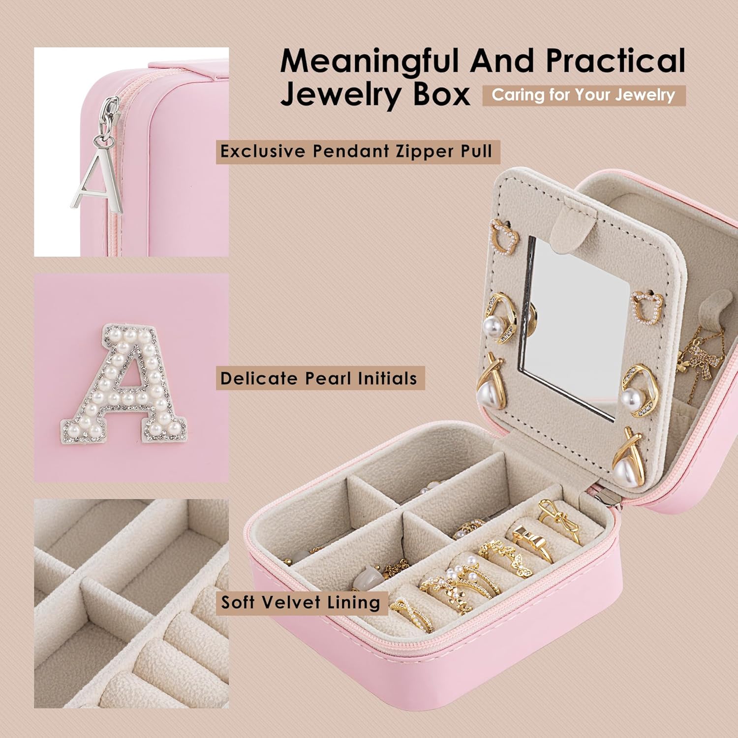 Initial Jewelry Box, Travel Jewelry Case, Gift for Women, Girls, Pink, Classic Style