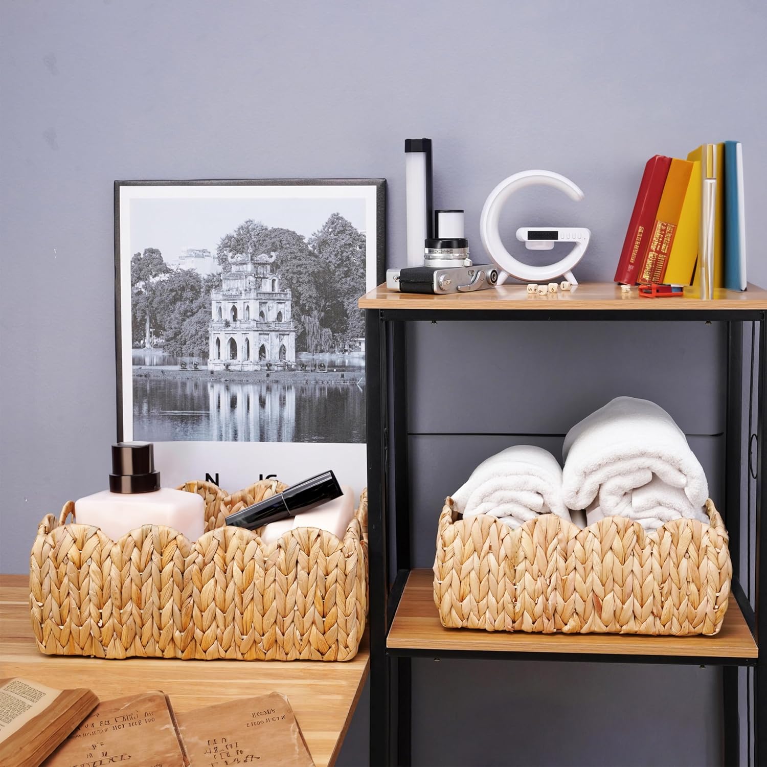 Set of 2 Scalloped Edge Wicker Storage Basket with Built-in Handles, Rectangle Water Hyacinth Basket for Organizing, Decorative Woven Rattan Basket for Shelf, Nursery Room