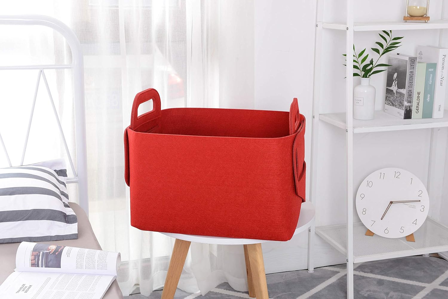 Minoisome Storage Basket Felt Storage Bin Collapsible& Convenient Box Organizer with Carry Handles for Office Bedroom Closet Babies Nursery Toys Laundry (Red, 19.9inch（L）×13.6inch（W）×12.6inch（H）)
