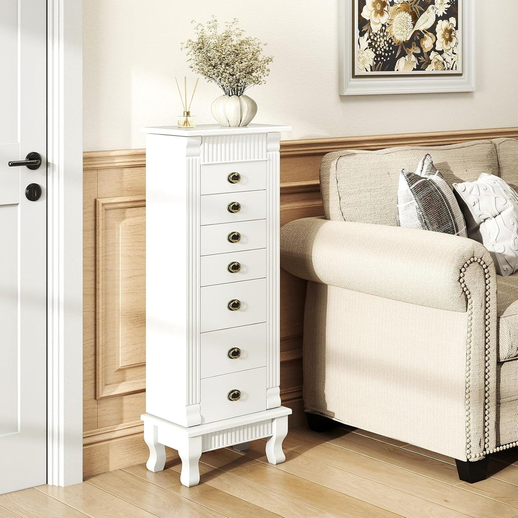 Giantex Standing Jewelry Cabinet with 7 Drawers, Flip-Top Mirror, 2 Side Doors with 12 Necklace Hooks, Divided Ring Compartments, Velvet-Lined Jewelry Armoire Organizer Chest (White)