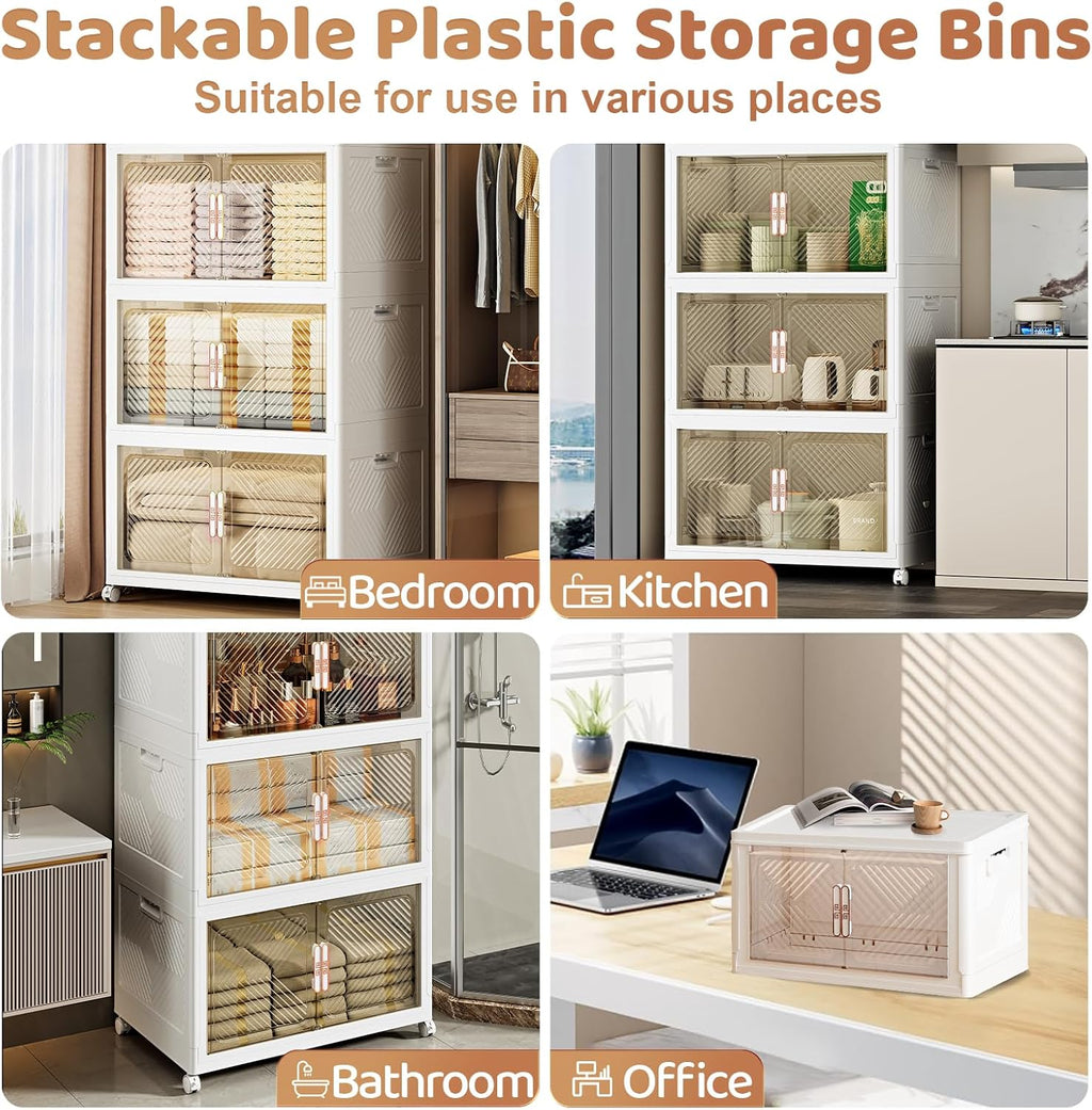 Storage Bins with Lid 48QT, Stackable Storage Containers with Wheels and Magnetic Doors, Plastic Clothes Closet Organizers and Storage Box for Home and Office (4 Pack)