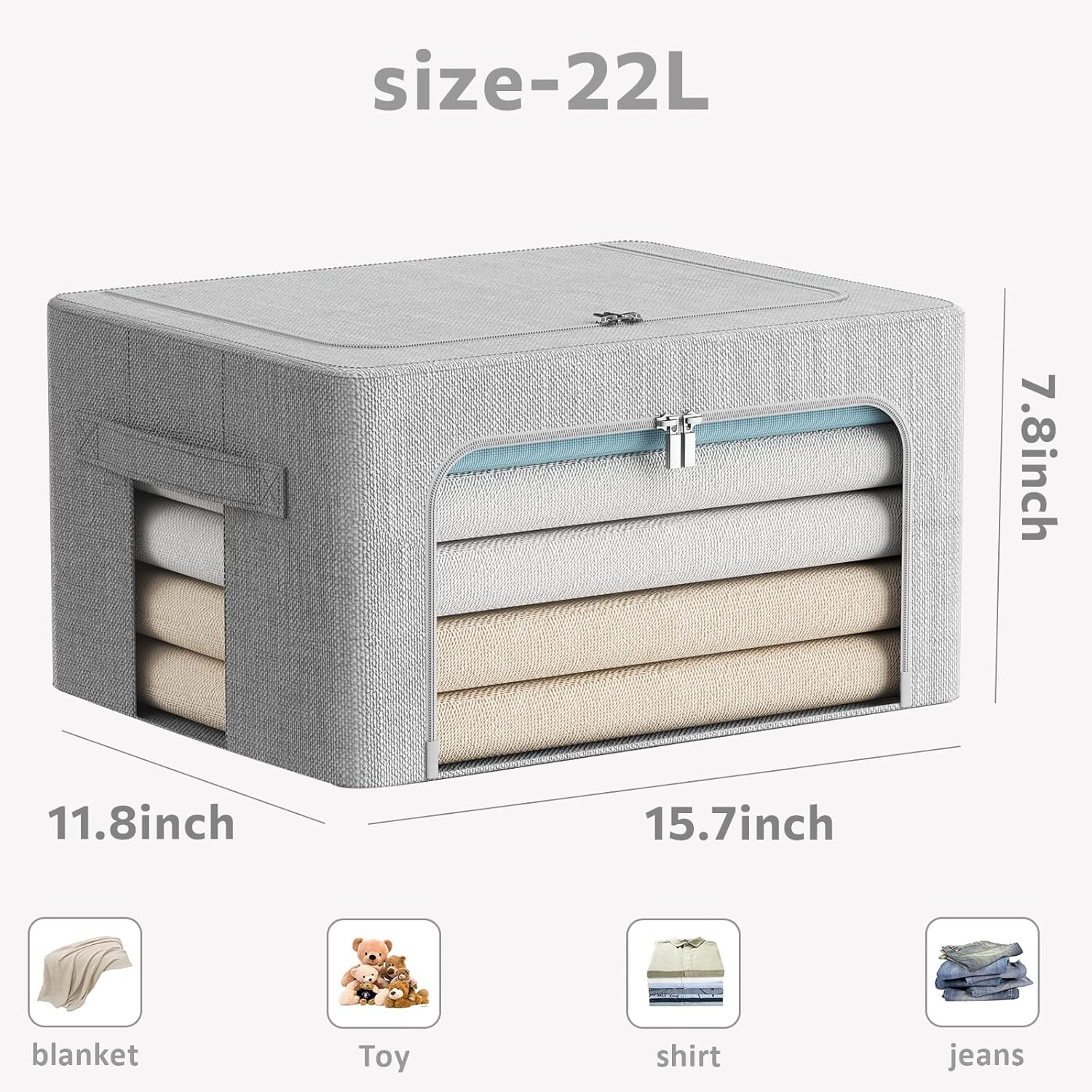 FHSQX 2 Pack Clothes Storage Bins Stackable Metal Frame Storage Box Foldable Linen Fabric Organizer with Carrying Handles and Clear Window (Light Gray, 15.7x 11.8x 7.8Inch)