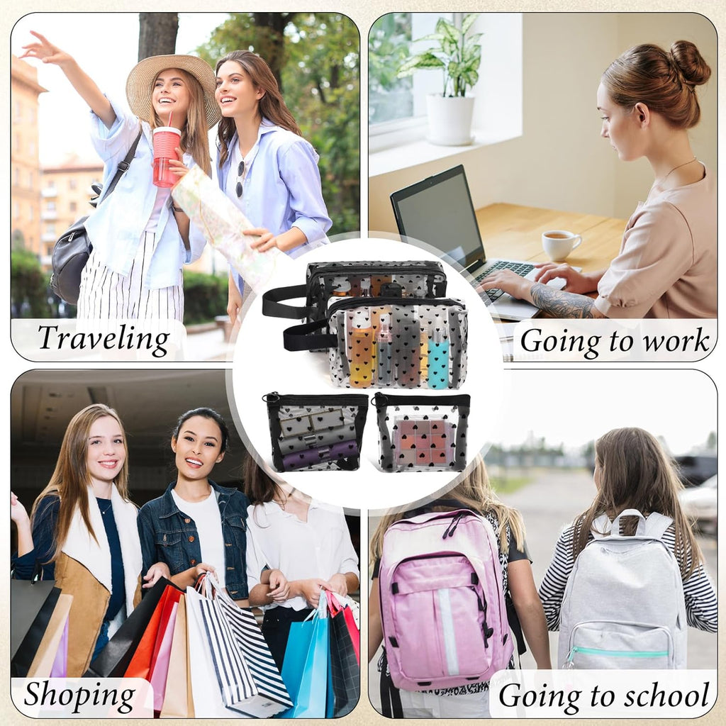 4 PCS Heart Printed Mesh Makeup Bag Set, White & Black Mesh Makeup Bag with Zipper Lipstick Accessories Organizer Mini Travel Organizer Bags for Women(2 Small 2 Square Handle)