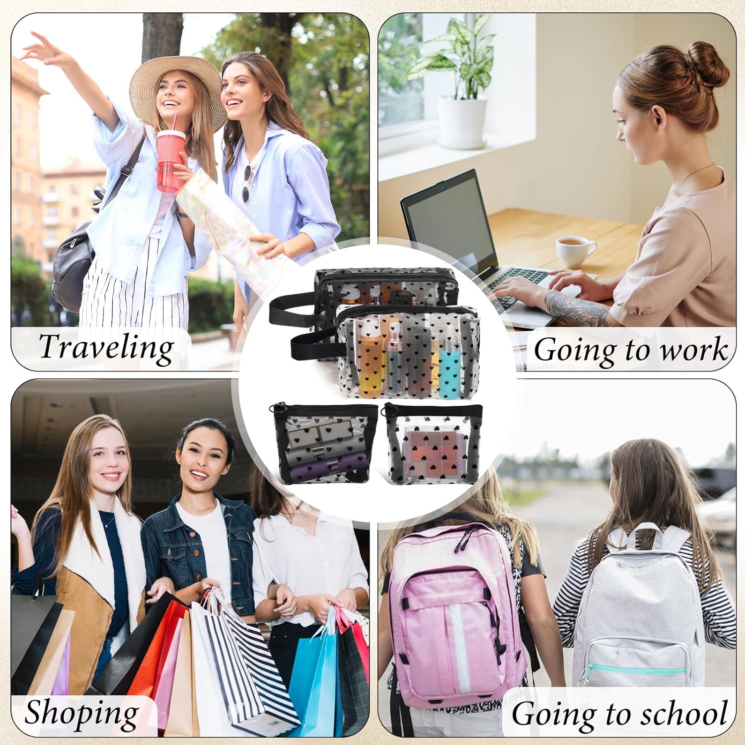 4 PCS Heart Printed Mesh Makeup Bag Set, White & Black Mesh Makeup Bag with Zipper Lipstick Accessories Organizer Mini Travel Organizer Bags for Women(2 Small 2 Square Handle)