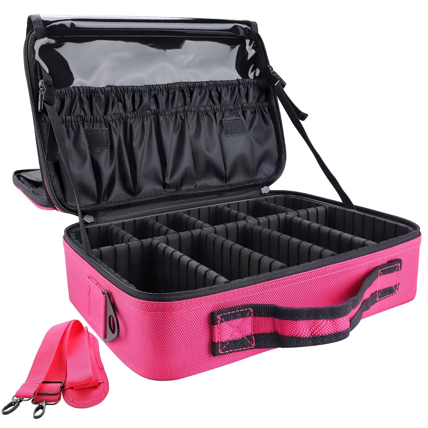 gzcz Travel Makeup Bag,Professional Cosmetic Bags for Women,Portable Makeup Brush Case Organizer Storage with Adjustable Dividers and Shoulder Strap (Medium)