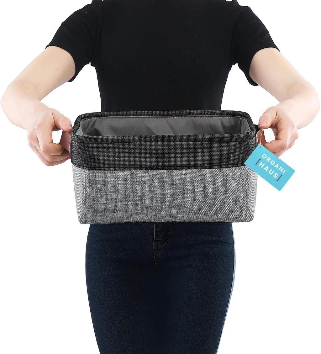 OrganiHaus Small Fabric Storage Baskets for Shelves 3 Pack, 12x08in Closet Storage Bins for Shelves, Canvas Baskets for Organizing, Linen Closet Organizers, Cloth Basket, Gray/Black