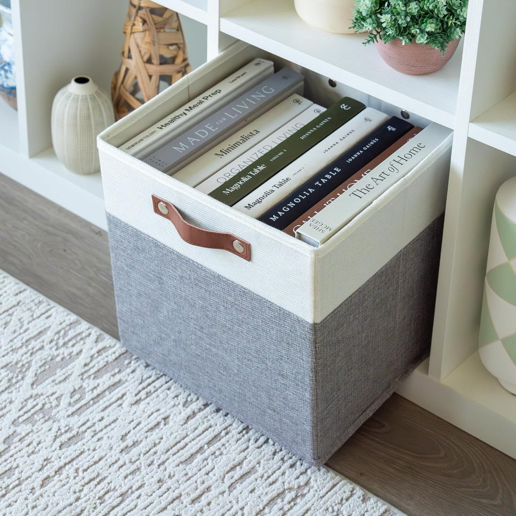 OrganiHaus 12" x 12" x 12" Fabric Cube Storage Bins - Set of 4, Cube Fabric Organizer Bins with Vegan Handles, Kallax Storage Cubes, 12Inch Cubic Baskets for Shelves - Grey / White