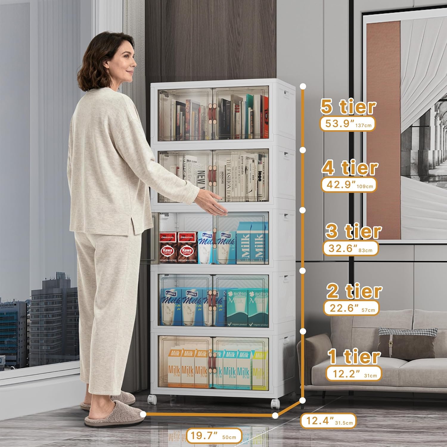 275Qt Stackable Storage Bins with Lids, 5 Pack Large Collapsible Bins with Wheels, Plastic Cabinet with Doors, Foldable Closet Organizers and Storage for Home, Dorm, Office, White