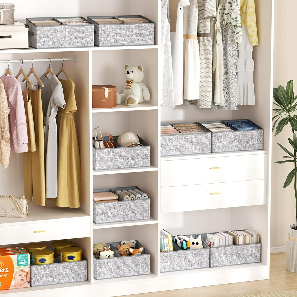 DIMJ Large Closet Shelf Organizer Bins 6 Packs with Handles and Divider, Fabric Trapezoid Storage Baskets, Foldable Clothes Containers Box for Shelf, Towel, Book, Toy, Purse, Hats, Grey