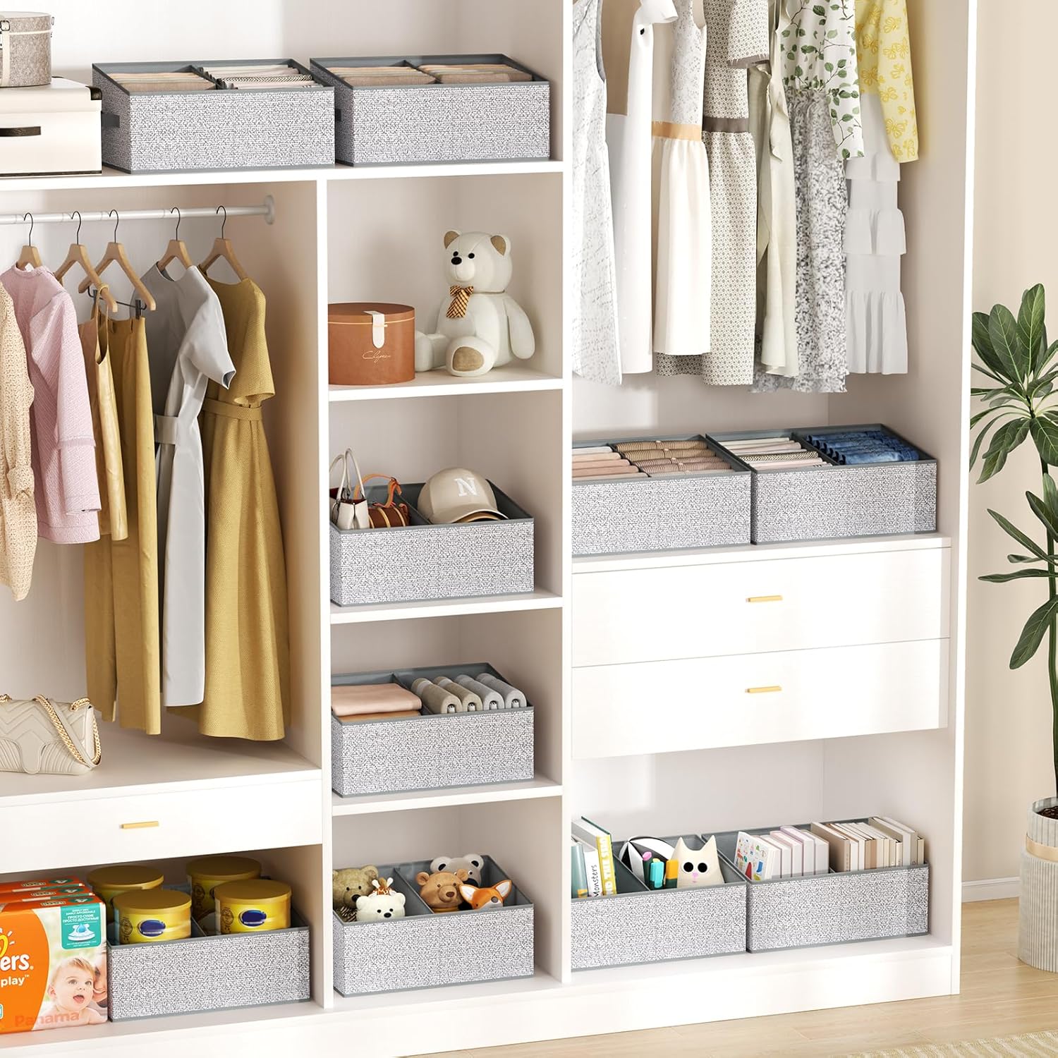 DIMJ Large Closet Shelf Organizer Bins 6 Packs with Handles and Divider, Fabric Trapezoid Storage Baskets, Foldable Clothes Containers Box for Shelf, Towel, Book, Toy, Purse, Hats, Grey