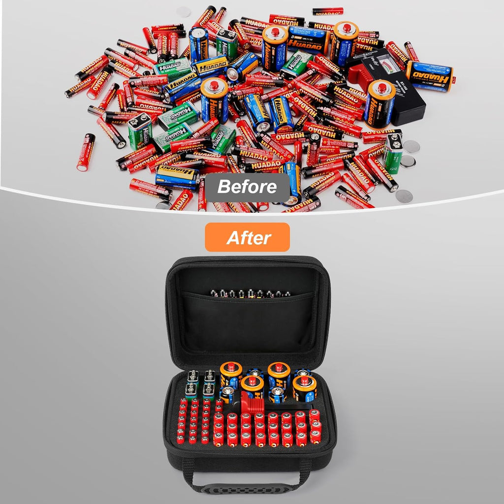Hard Battery Organizer Storage Box, Battery Organizer Carrying Case Bag Holder Holds 60＋ Batteries AA AAA C D 9V - with Battery Tester BT-168 (Batteries are Not Included)