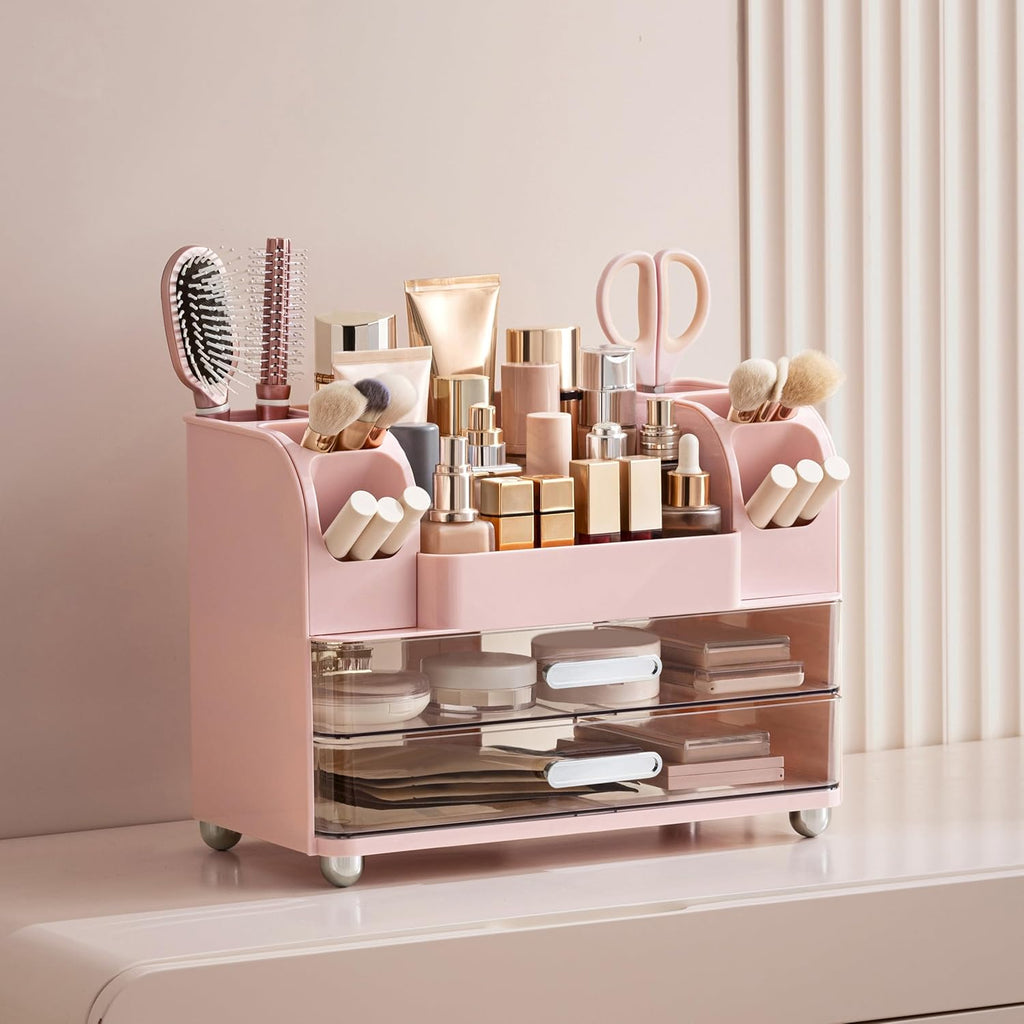 HBlife Makeup Organizer for Vanity with Brush Holder, Large Bathroom Countertop Cosmetic Organizer Skin Care Storage, Easy to Store Lipsticks, Nail Polishes, Perfumes, Eyeshadow Palettes, Pink
