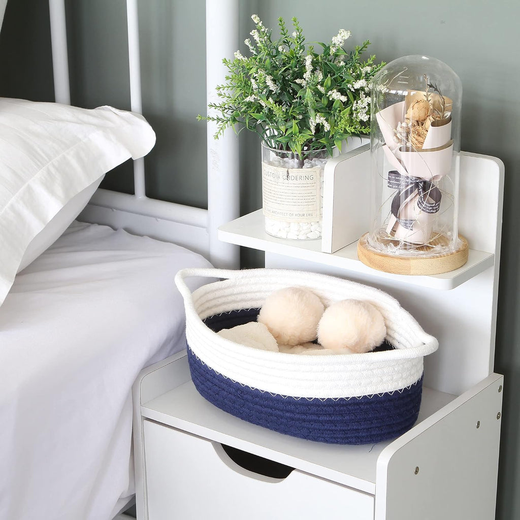 Sea Team 2-Pack Cotton Rope Baskets, 10 x 7 x 4 Inches Small Woven Storage Basket, Fabric Tray, Bowl, Oval Open Dish for Fruits, Jewelry, Keys, Sewing Kits (Dark Blue & White)