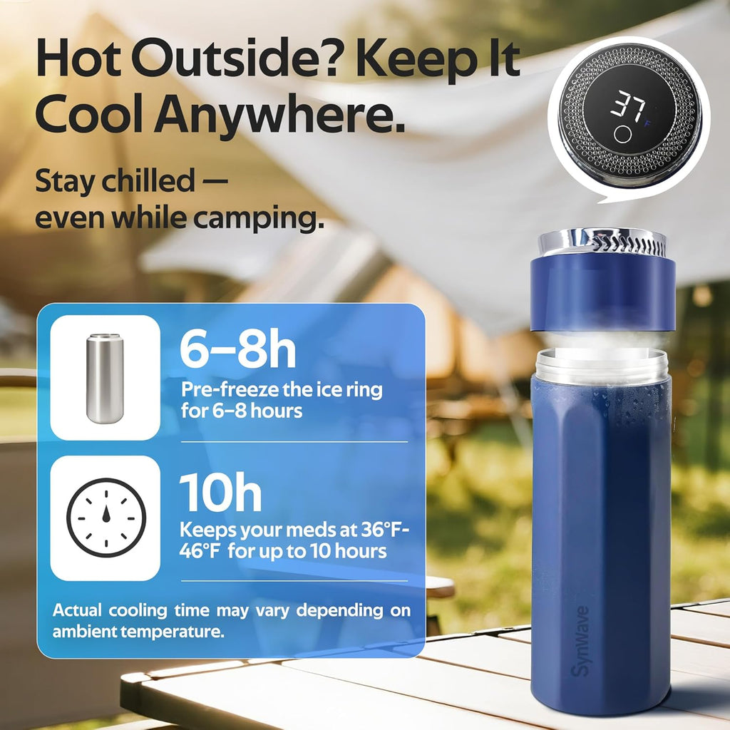 Insulin Cooler Travel Case for 4 Pens,Medication Cooler for Travel with Temp Display&Ice Packs，Diabetic Insulin Case with Portable Cup Sleeves，Supports Mobile Power Cooling，TSA Approved(Blue)