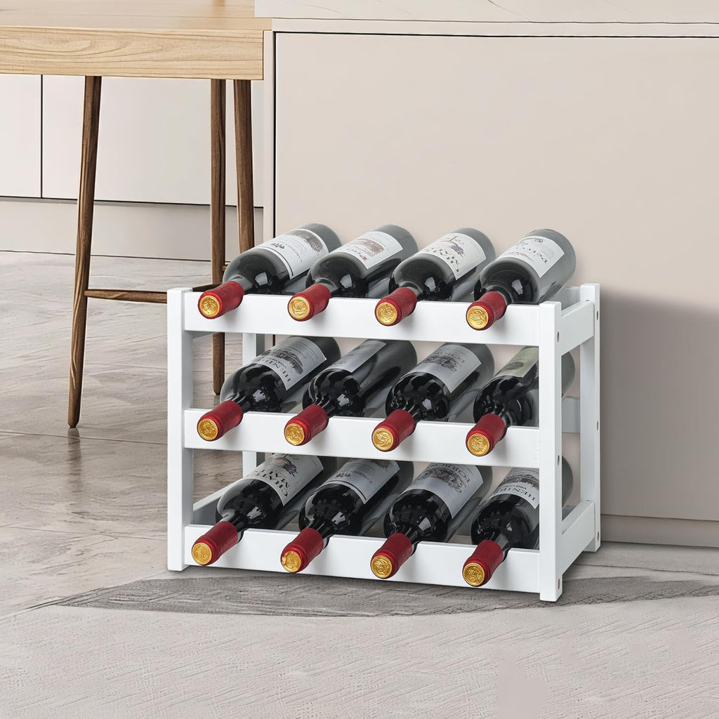 VASMIA Bamboo Wine Rack, Sturdy and Durable Wine Storage Cabinet Shelf, Wine Racks Countertop for Pantry,Kitchen,3-Tier 12 Bottles Wine Rack White