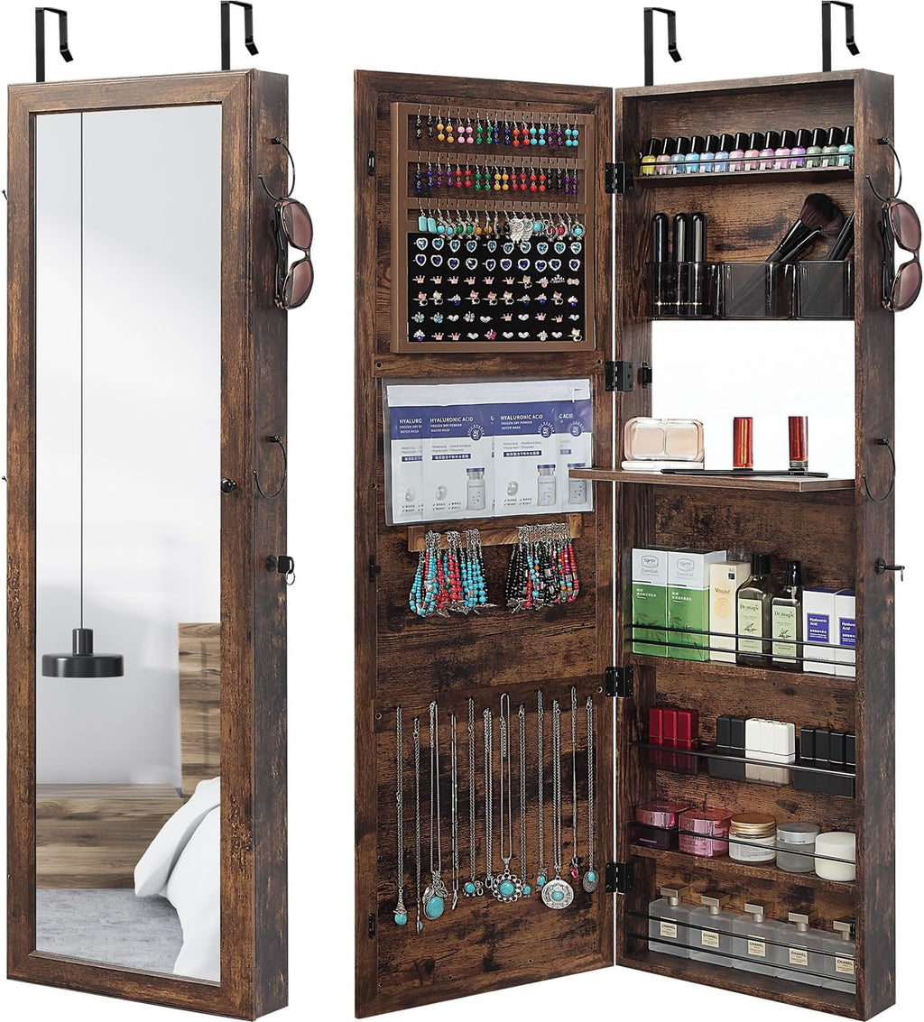 GISSAR Jewelry Mirror Armoire Wall Mount Over The Door Mirror Jewelry Cabinet Storage Mirror Organizer Lockable Full Length Door Mirror,Vintage Brown, GMJ2003V