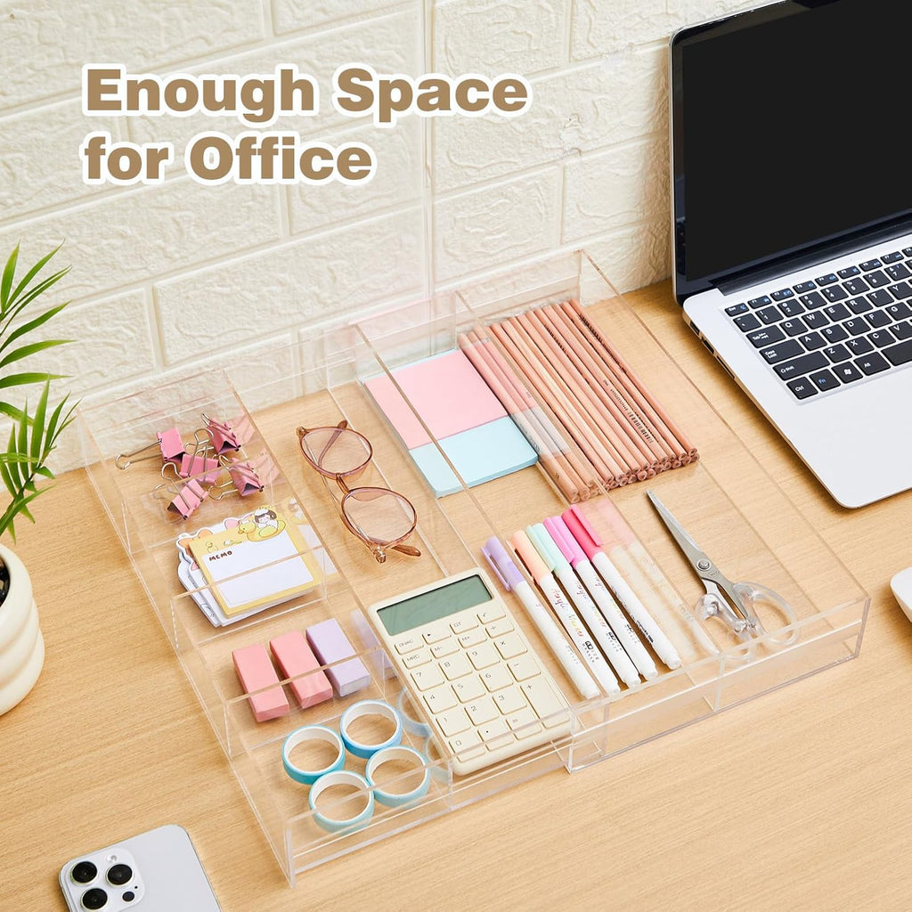 1 PC Acrylic Desk Drawer Organizer 2 Inch Height Expandable Drawer Organizer Trays with 8 Adjustable Compartments Desk Accessories for Makeup Silverware Office Bathroom(Clear,Stylish)