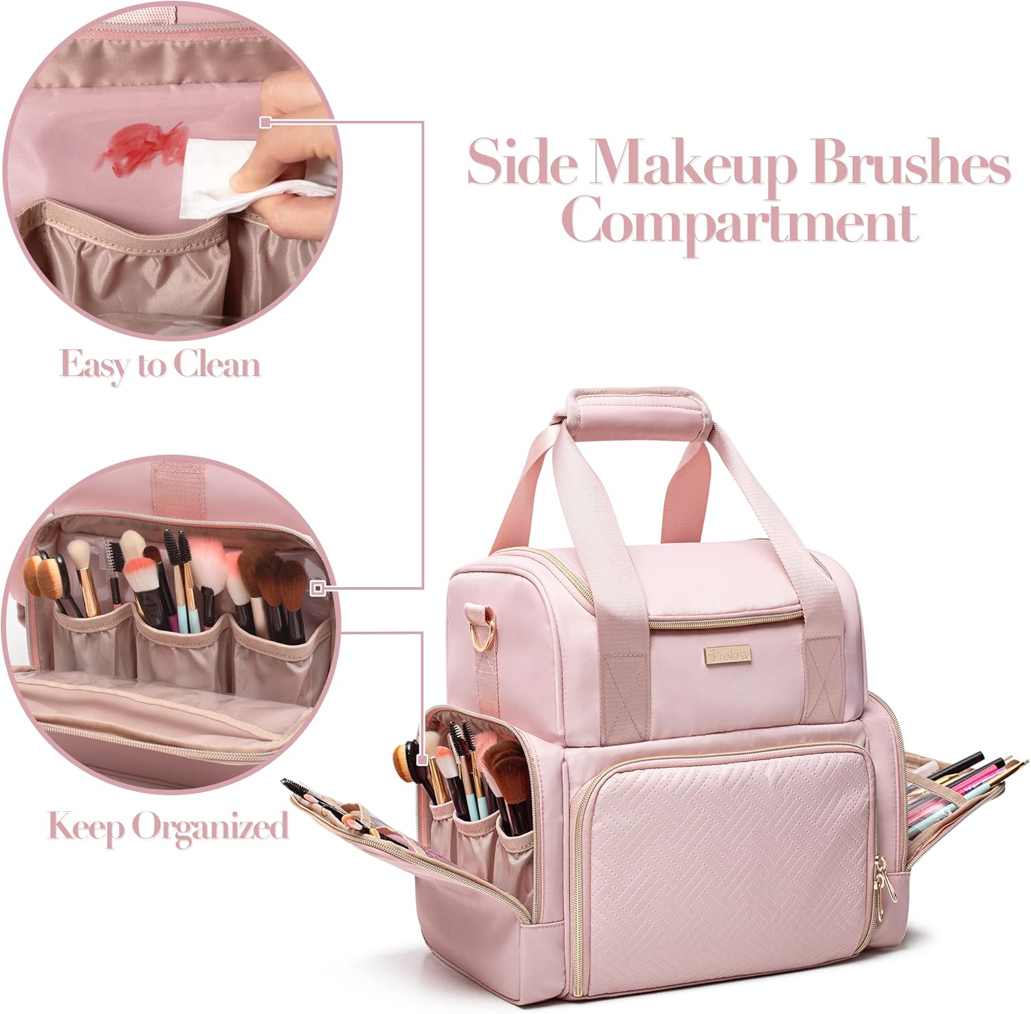 Large Makeup Cosmetic Bag with 3 Removable Case, Double Layer Travel Makeup Organizer Case with Inner Dividers and Makeup Brushes Storage Section, Pink (Patented Design)