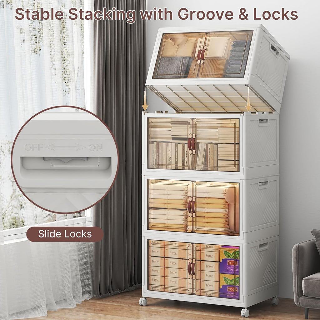 960Qt Stackable Storage Bins with Lids, 8 Pack Large Collapsible Bins with Wheels, Plastic Cabinet with Doors, Foldable Closet Organizers and Storage for Home, Dorm, Office, White