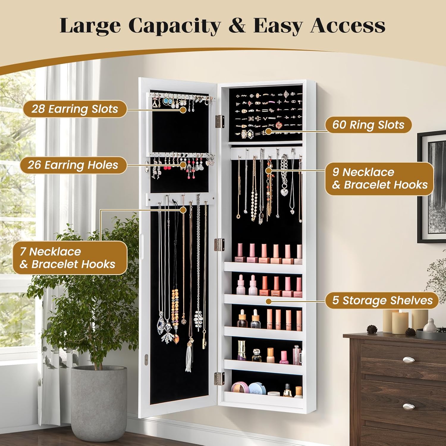Giantex Wall or Door Mounted Jewelry Cabinet with Full Length Mirror, Over The Door Jewelry Armoire Organizer, Hanging Storage Cabinet with Necklace Hooks, Earring Slots, Ring Slots & Shelves (White)