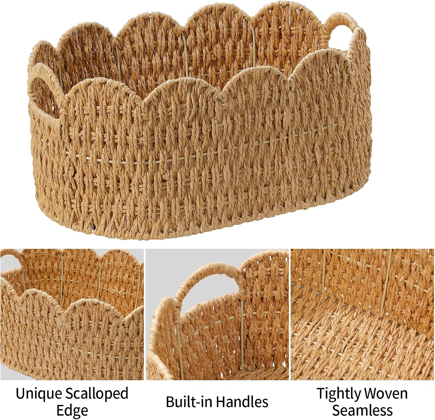 Paper Rope Scalloped Basket Set of 2,Woven Storage Baskets for Shelves,Laundry,Towels,Clothes,Books,Toys,Cute Decor Baskets for Organizing,Natural Color