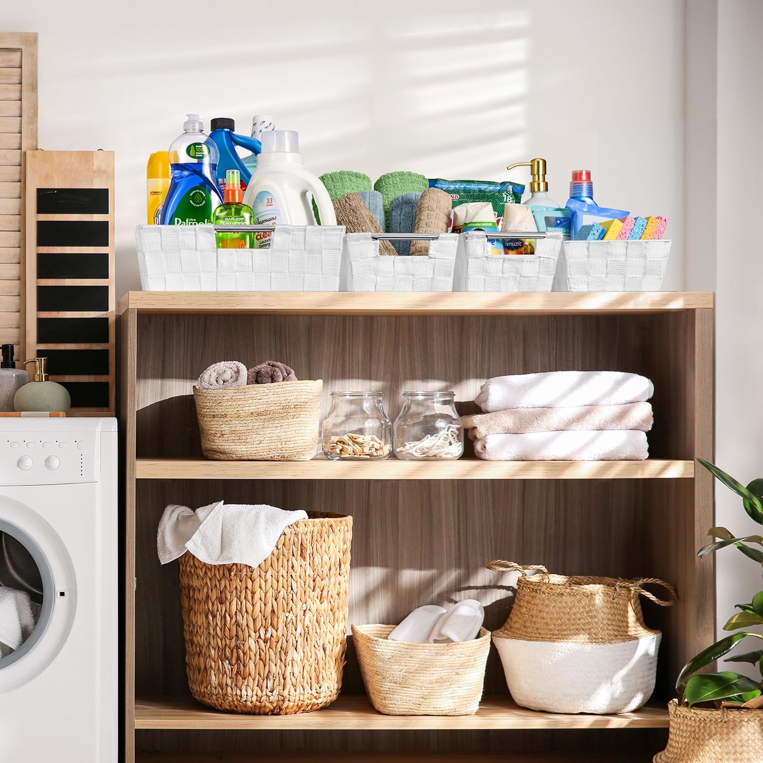 Sorbus Set of 9 Woven Storage Baskets – Mesh Hand-Woven Baskets for Organizing, Fabric Storage Bins for Linen Closet Organizer, Storage Baskets for Shelves, Home Organization and Decor (White)