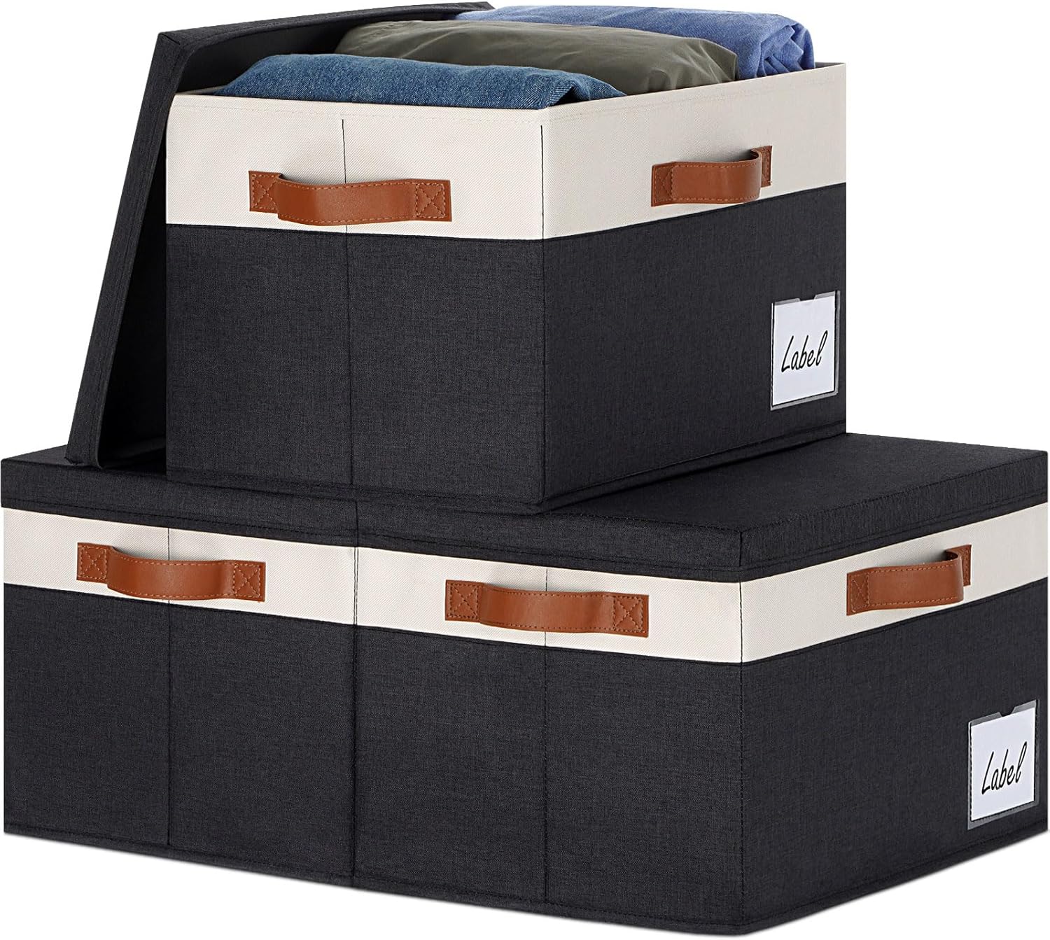 GhvyenntteS Large Storage Bins with Lids (3 Pack), Storage Baskets with Lid and Label Window, Foldable Fabric Storage Boxes with 3 Handles for Home Office College Dorms (Black, 15" x 11" x 9.7")