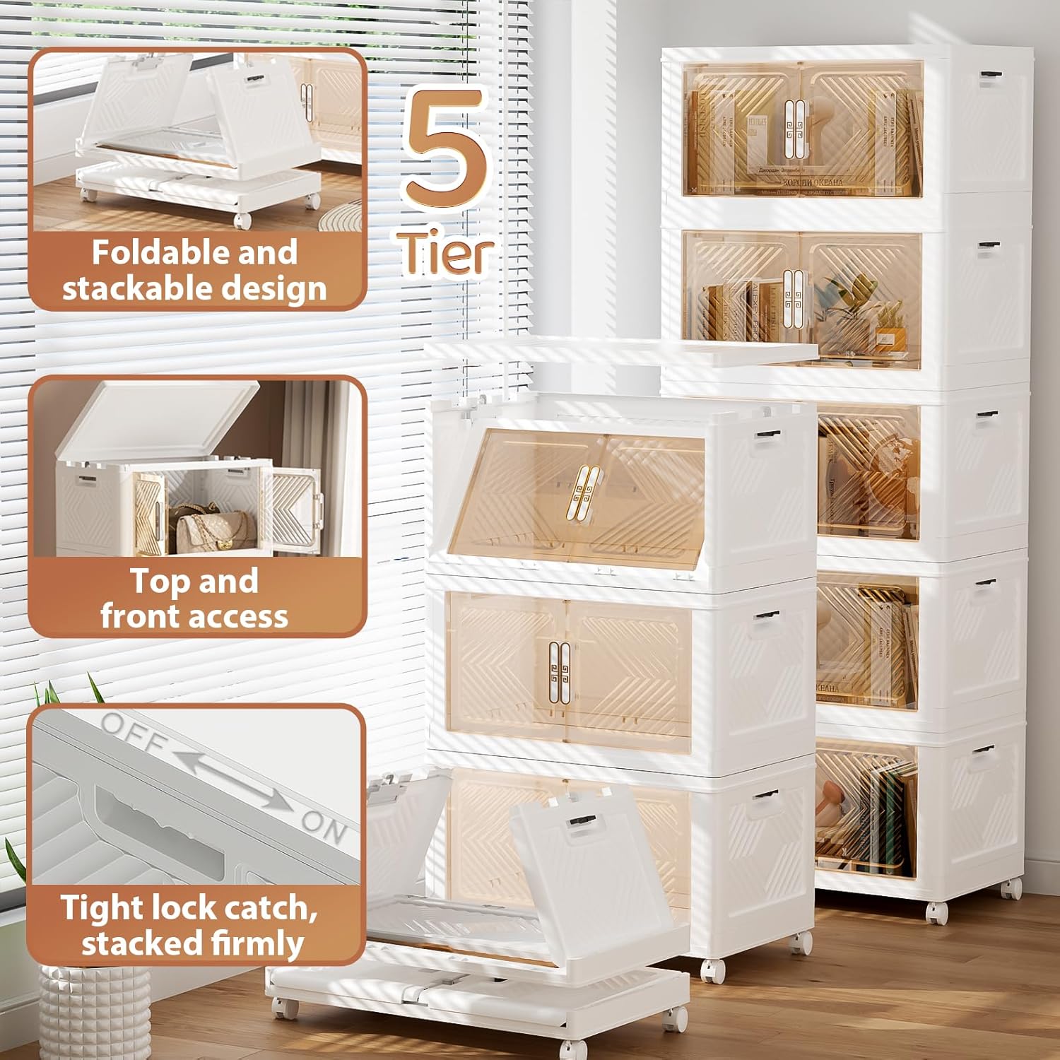 Storage Bins with Lid 76QT, Stackable Storage Containers with Wheels and Magnetic Doors, Plastic Clothes Closet Organizers and Storage Box for Home and Office (5 Pack)