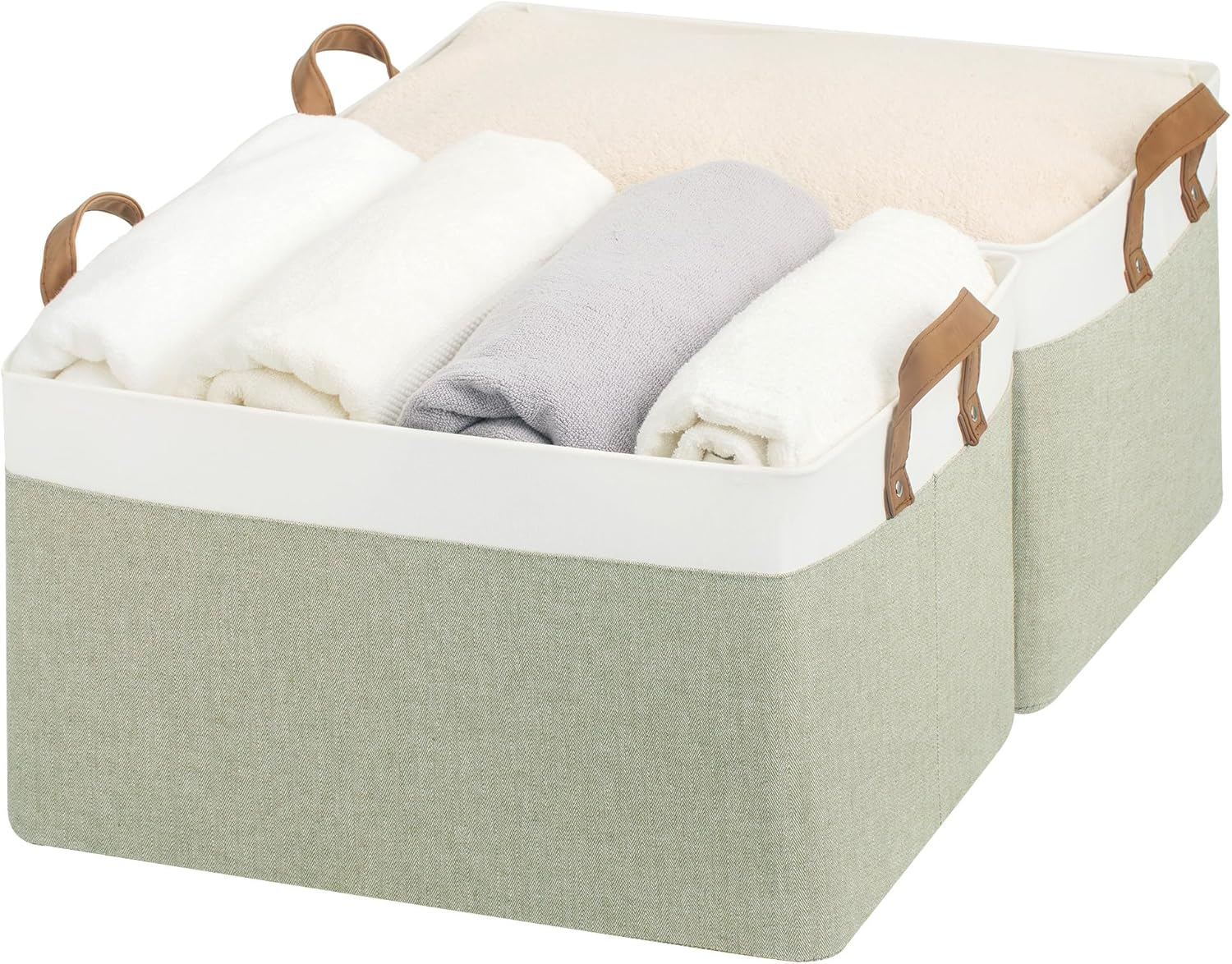 StorageWorks Storage Bins, Fabric Storage Bins for Shelves, Extra Large Storage Baskets with Metal Frame, Closet Baskets and Bins with Handles, Jumbo, Green and White, 2-Pack