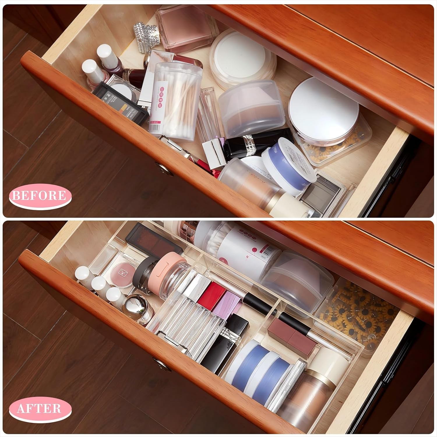 Chunful Clear Drawer Organizer 2 Pieces 6 Section Clear Desk Organizer with Dividers 3 Section Acrylic Makeup Tray Divided Drawer Inserts Sectioned Tray Makeup Storage