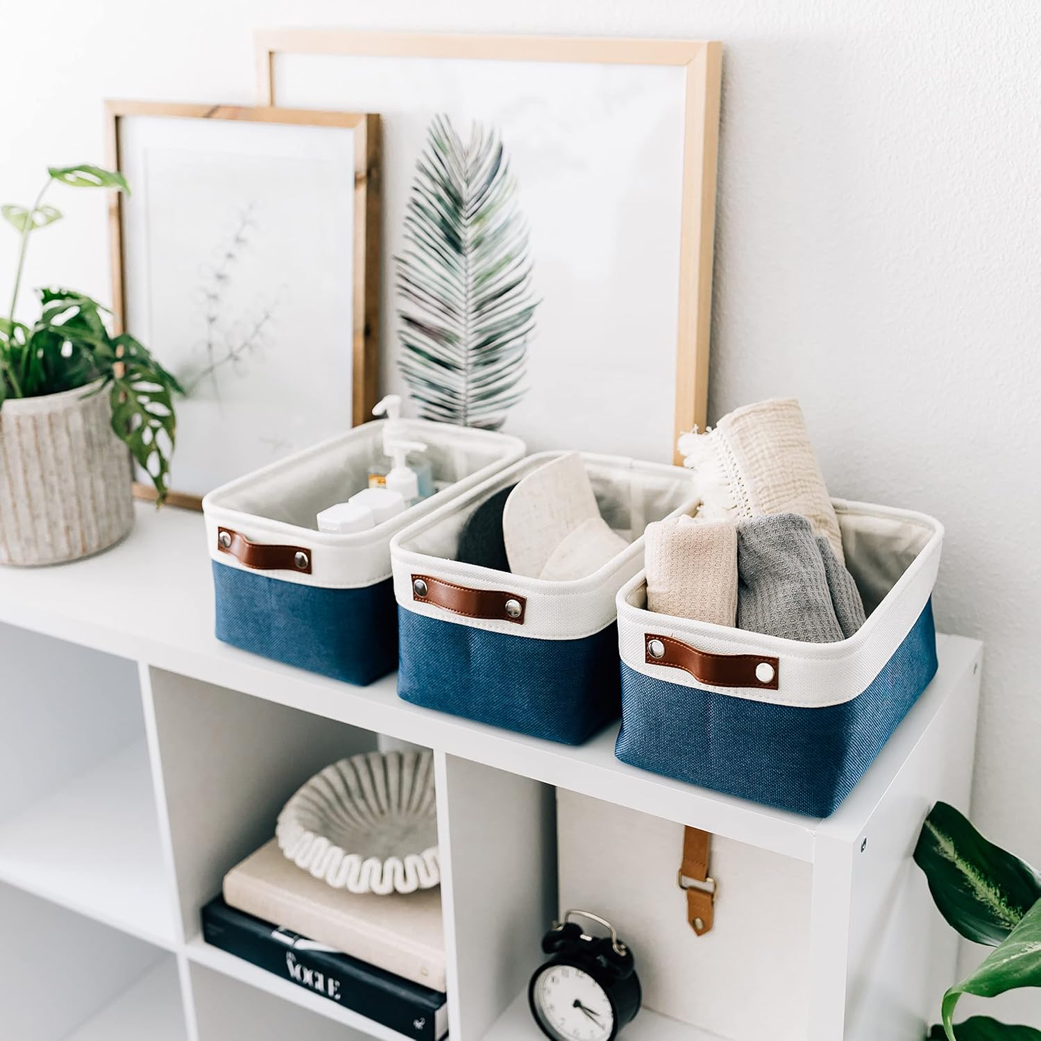 OrganiHaus Small Fabric Storage Baskets for Shelves 3 Pack, 12x08in Closet Storage Bins for Shelves, Canvas Baskets for Organizing, Linen Closet Organizers, Cloth Basket, Navy Blue/Off-White