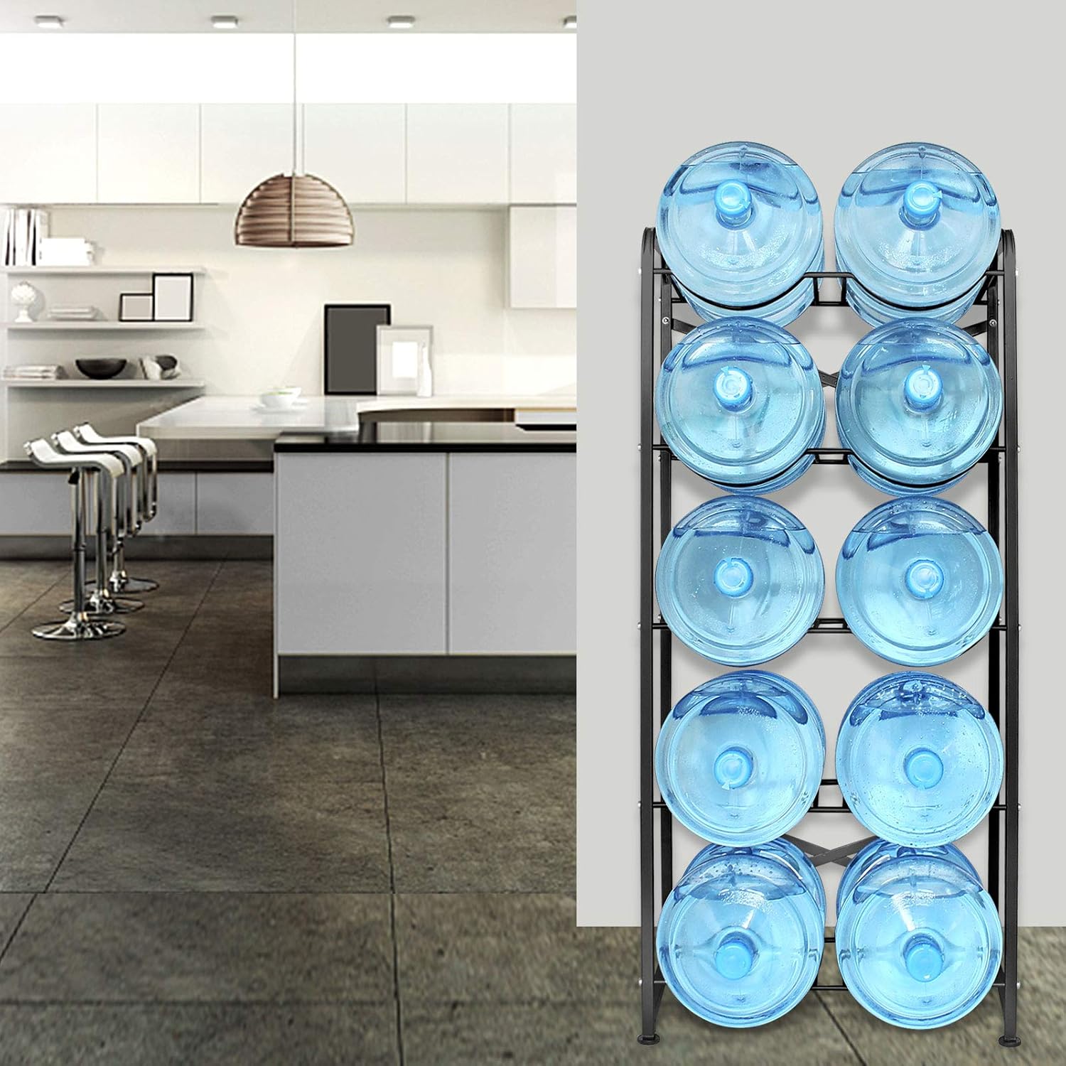 5 Gallon Water Bottle Holder for 10 Bottles, 5 Tiers Heavy-Duty Water Cooler Jug Rack with Reinforcement Frame for Kitchen Office, Black