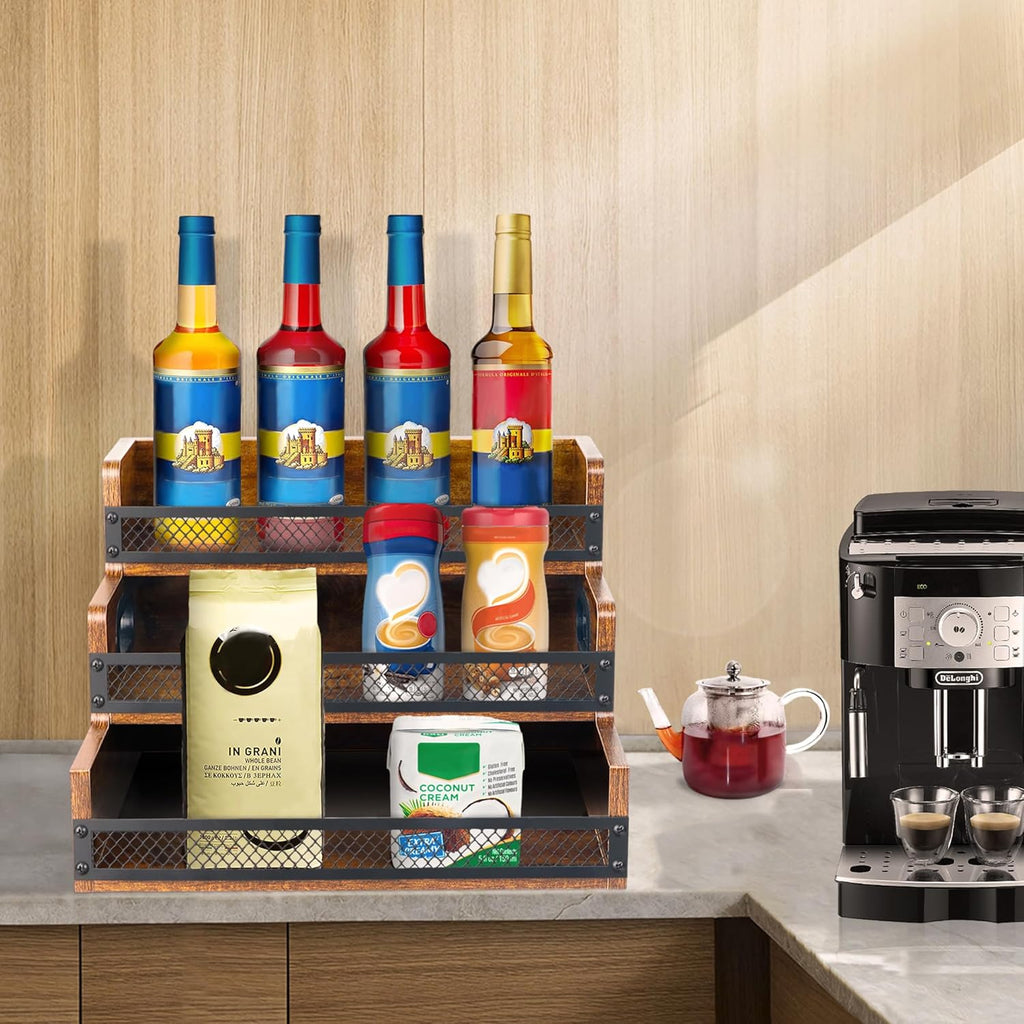 Liquor Bottle Display Shelf, Coffee Syrup Rack Organizer, 3 Step Countertop Liquor Wine Rack, 12 Bottles Coffee Station Organizer with Fences & Handles, Home Retro Bar Shelf Stand for Liquor Whiskey