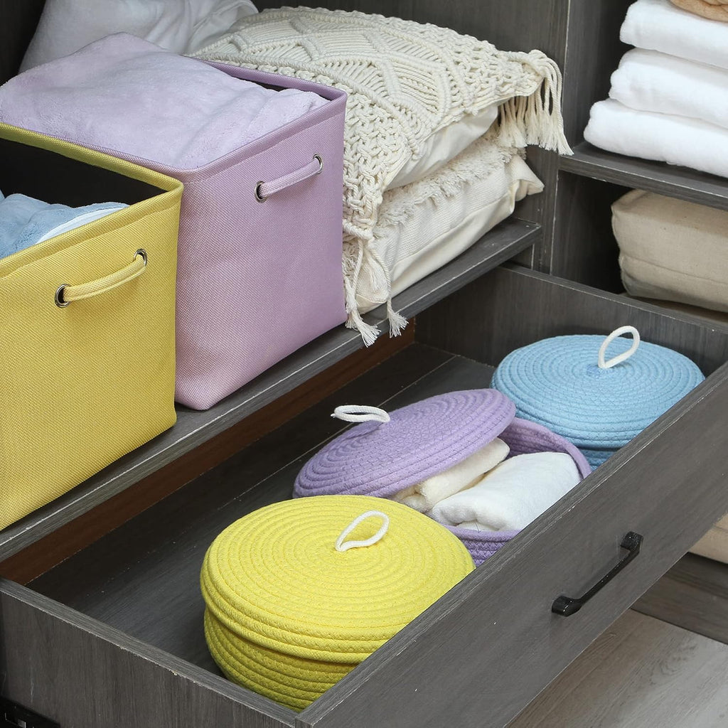 Sea Team Round Cotton Rope Storage Basket with Lid, Decorative Woven Storage Bin, Pot, Caddy, Organizer, Container for Snacks, Towels, Plants, 10 x 4.5 Inches (Small, Shallow, Lavender)