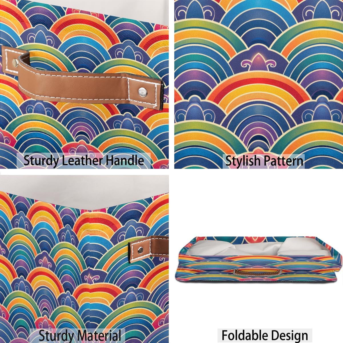 TropicalLife 13x13x13 Inch Large Fabric Storage Cube Vintage Rainbow Flowers Foldable Storage Bin with Handles Organizer Boxes Cube Basket for Shelves Organizing Closet