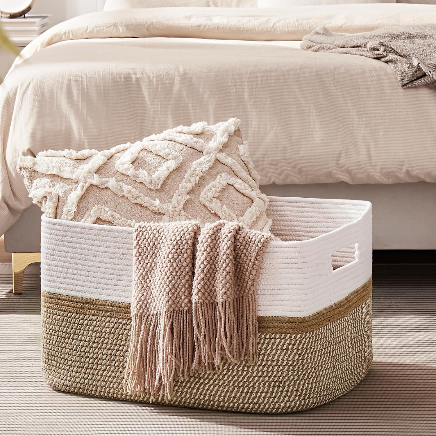 OIAHOMY Large Blanket Basket, 22”x17”x12” Rectangle Woven Baskets, Nursery Blanket Storage Living Room, Toy Storage With Handle, Large Baskets for Organizing-Yellow/White